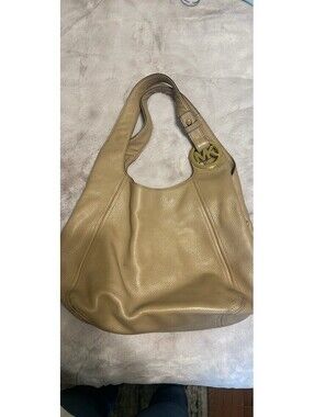 Michael Kors Beige Leather Hobo Shoulder Bag with Gold MK Logo